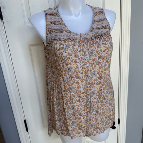 MINE sleeveless tank top Floral Peasant Boho button ruffle embroidered lace sz L - Picture 1 of 12